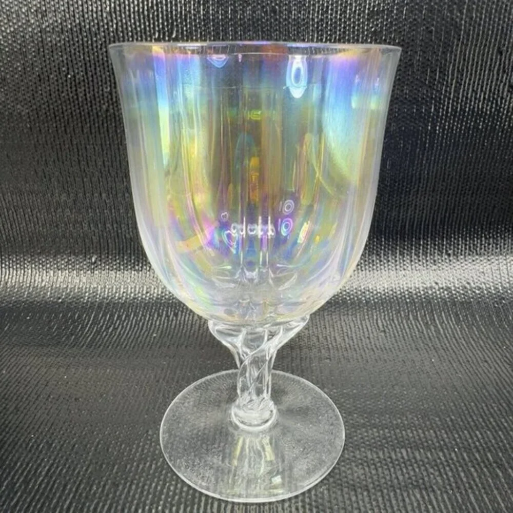 Vintage Iridescent Glass Footed Glasses Cups Drinking Goblets Twisted Stem Set 3
